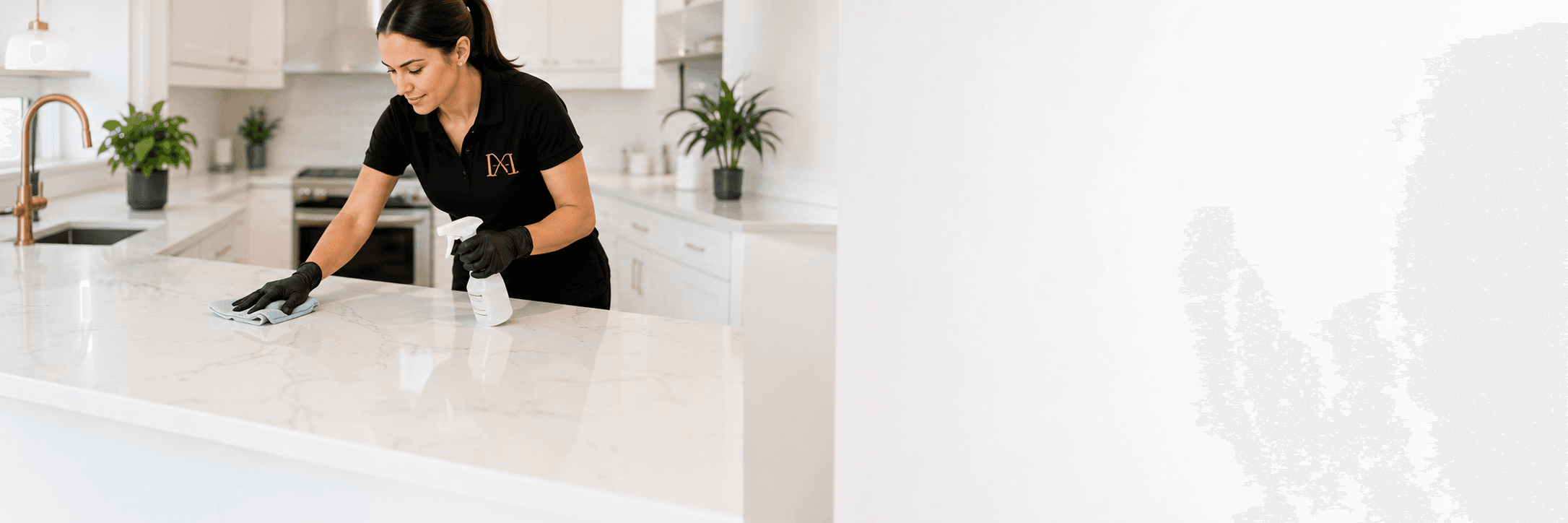 Pristine Group professional cleaner wiping down a modern kitchen countertop